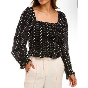 LoveShackFancy Russell Top Womens XS Black Satin Star Print Puff Sleeve Smocked